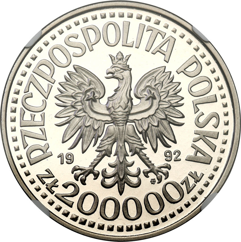 III RP. PRÓBA Nikiel 200 000 złotych 1992 Staszic NGC PF69 ULTRA CAMEO (MAX)
